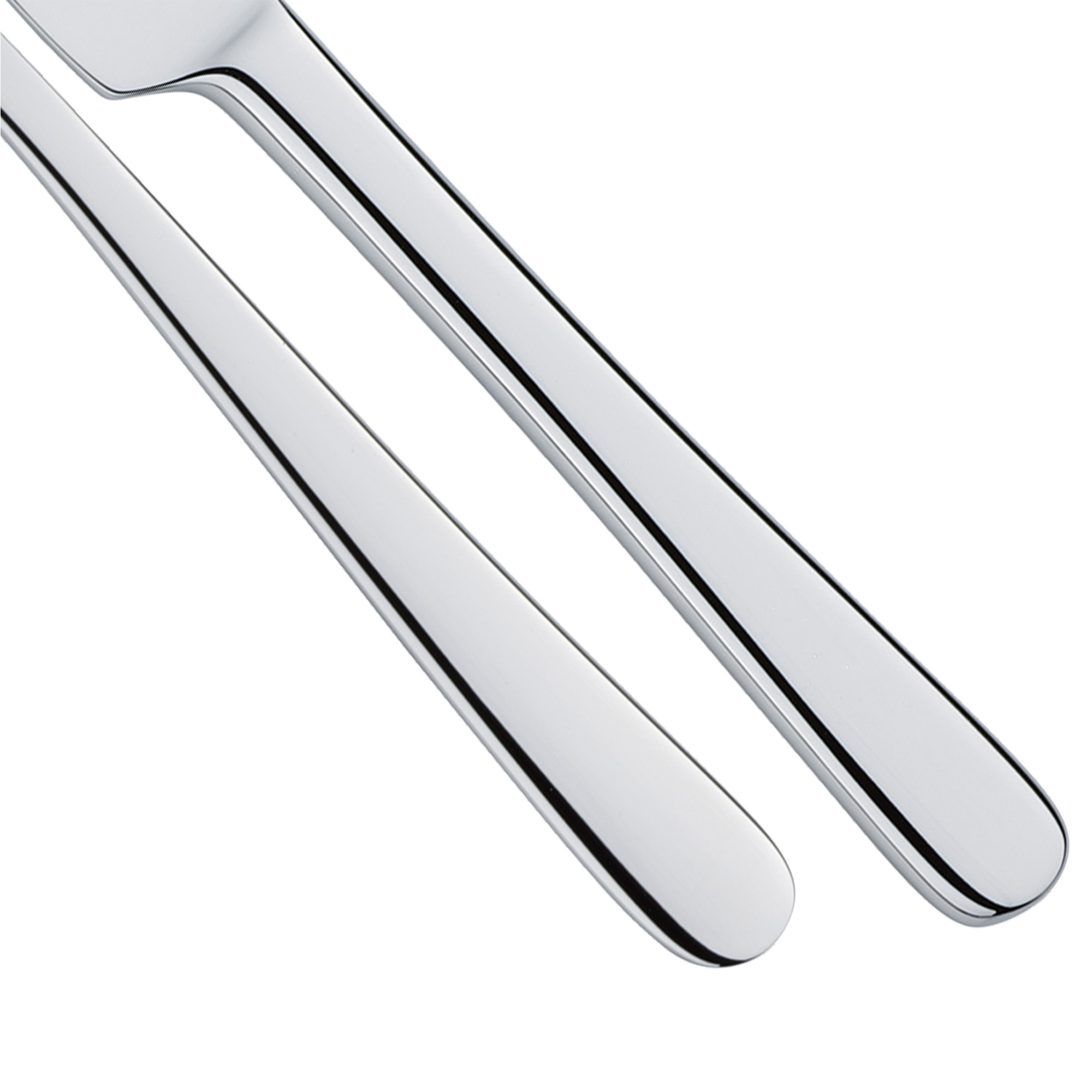Two polished stainless steel cutlery handles close-up