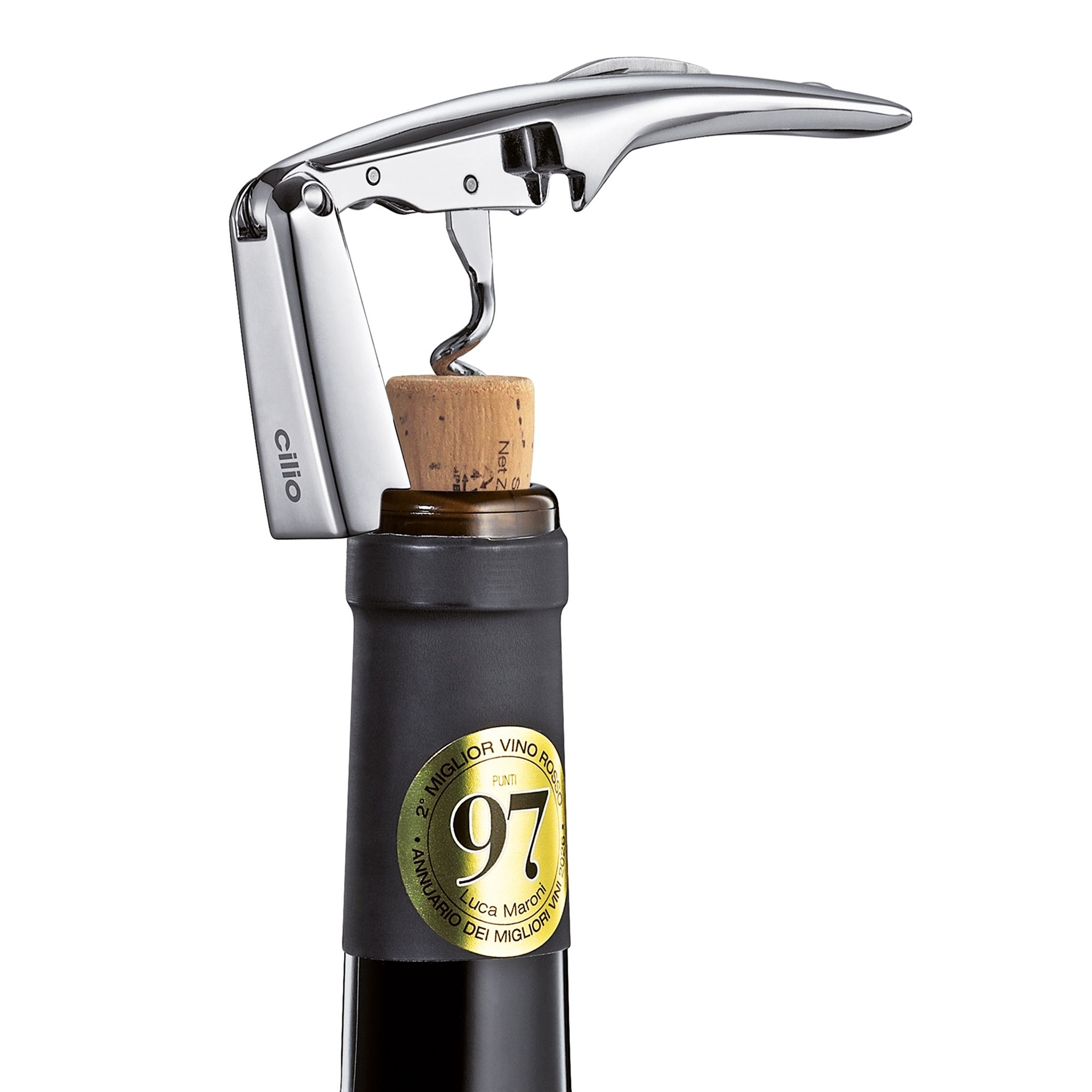 cilio RISERVA chrome waiter’s corkscrew on wine bottle