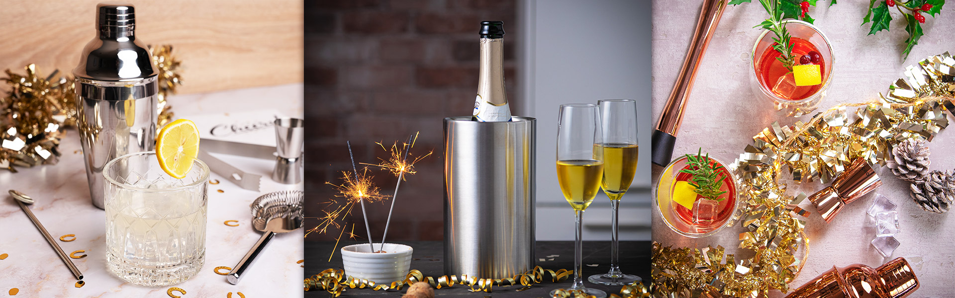 Festliche Bar- und Cocktail-Accessoires mit Getränken